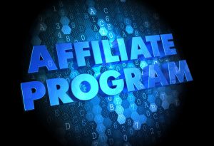 Affiliate program in blue words on top of binary text.